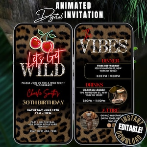 Cheetah Print Lets Get Wild Birthday Dinner & Drinks Invitation Template, Animated Red Cherry Girls Night Invite, Glam Party Invite Leopard