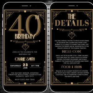 Gatsby 1920er Jahre Motto Party Einladung Vorlage, bearbeitbare Art Deco Geburtstag Invite Digital 40th Bday Virtuelles Handy Evite & Reiseverlauf
