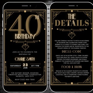 Modèle d’invitation à une fête sur le thème Gatsby des années 1920, invitation d’anniversaire Art déco modifiable numérique 40e anniversaire téléphone mobile virtuel Evite et itinéraire