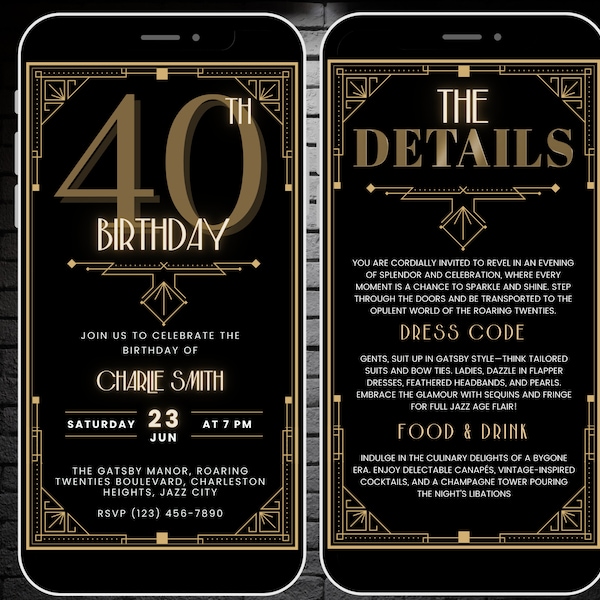 Gatsby 1920s Themed Party Invitation Template, Editable Art Deco Birthday Invite Digital 40th Bday Virtual Mobile Phone Evite & Itinerary