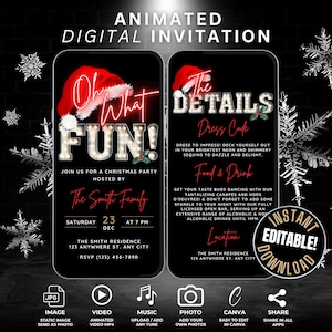Può includere: Invito digitale animato per una festa di Natale con un cappello di Babbo Natale rosso e luci al neon che dicono "Oh What Fun!" L'invito include i dettagli della festa, tra cui la data, l'ora, il luogo, il codice di abbigliamento e il cibo e le bevande. L'invito include anche un codice QR per un facile accesso all'evento.