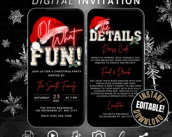 Digital Oh What Fun! Christmas Party Video Invitation Template Red Neon, Self Edit Animated Santa Hat Christmas Drinks Invite Flyer Evite