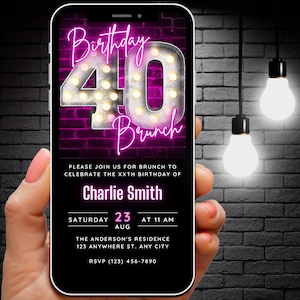 Digitale 40e verjaardag brunch uitnodiging voor vrouwen, Neon Pink 40 verjaardag brunch uitnodigen bewerkbare sjabloon, Instant Download, Evite telefoontekst