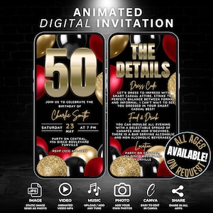 Modèle numérique d'invitation vidéo 50e anniversaire, ballon modifiable rouge, noir et or 50e anniversaire, étape cinquante, invitation avec détails