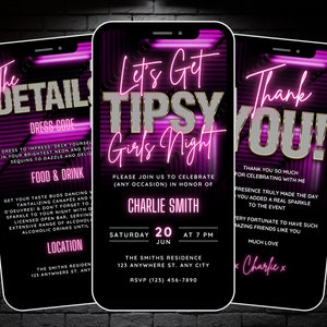 Digital Lets Get Tipsy Girls Night Invitation, Editable Neon Pink Girls Night Invite, Bachelorette Party Video, Itinerary & Thank You eCard