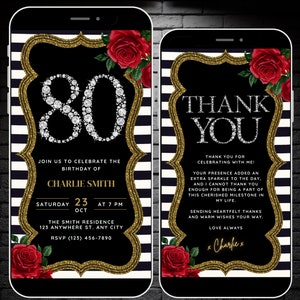 Womens 80th Birthday Invitation Template & Thank You eCard, Editable Red Floral 80th Invite, 80 Birthday Queen Invitation Digital 80th Evite