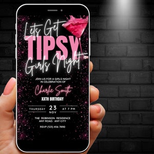 Animated Girls Night Invitation, Girls Fun night out Invitation, Neon Pink Evite, Stylish girls night, ladies night, Lets get tipsy invite