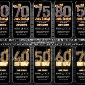 May include: A collection of digital birthday invitations displayed on smartphones. The invitations feature various ages, including 60, 70, 75, 80, 50, 30, 40, 50, 60, and 70, with a rusty or gold theme. Each invitation includes the name "Charlie Smith" and event details.