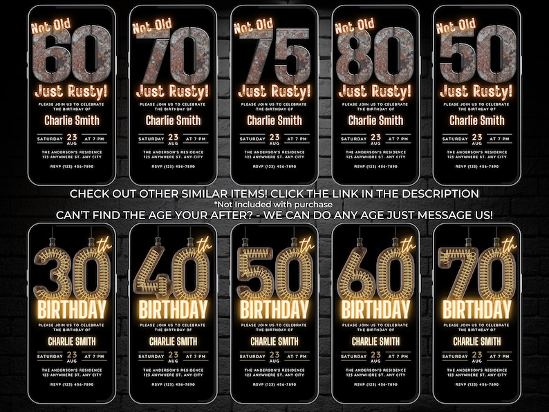 May include: A collection of digital birthday invitations displayed on smartphones. The invitations feature various ages, including 60, 70, 75, 80, 50, 30, 40, 50, 60, and 70, with a rusty or gold theme. Each invitation includes the name "Charlie Smith" and event details.