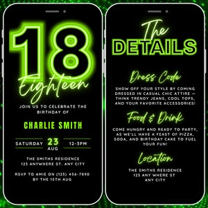Animated 18th Birthday Invitation, 18th Digital Invite for Boy, 18 yr old Bday Video Invitation Itinerary, Neon Invite Template Mobile Evite