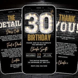 30th Birthday Invite for Men, Editable 30th Invitation Black Gold Invitation Canva Template, Thirty Bday Party Phone Invite & Details, Evite