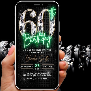 Animated 60th Birthday Invitation for Women, Diamond Video Invitation Digital 60th Birthday Invite Template, Custom Mobile Phone Sixty Evite