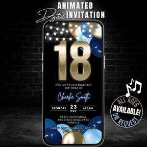 Digital 18th Birthday Invitation Template, Editable Animated Blue & Gold 18th Birthday Invite 18th Birthday Evite 18 Birthday Celebration