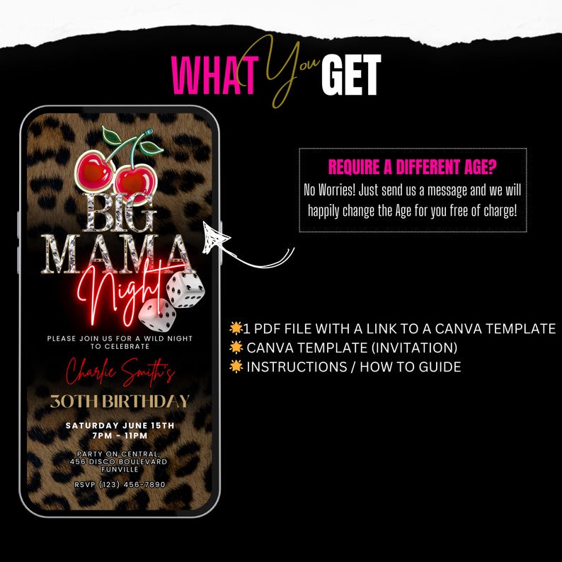 Pode incluir: Design de convite digital para uma festa de 30 anos. O convite apresenta um fundo com estampa de leopardo e as palavras "Big Mama Night" em uma fonte em estilo neon. Inclui detalhes da festa e instru&ccedil;&otilde;es.