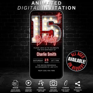 Digital 15-årsinbjudan för pojkar och flickor, redigerbar mall för 15-årsinbjudan, tonårsinbjudningar neonröd 15-åring telefon Evite bild 1