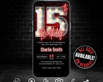 Digital 15th Birthday Invitation for Boys Girls, 15th Birthday Invite Editable Template, Teenager Invites Neon Red 15 year old Phone Evite