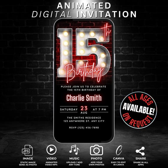 Digital 15th Birthday Invitation for Boys Girls, 15th Birthday Invite Editable Template, Teenager Invites Neon Red 15 year old Phone Evite