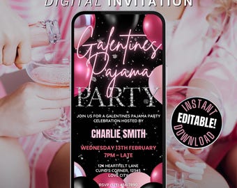Geanimeerde Galentines pyjamafeestuitnodiging, zelf bewerken Galentines feest Evite, meisjes Galentines slaapfeestje uitnodigen digitale telefoon flyer