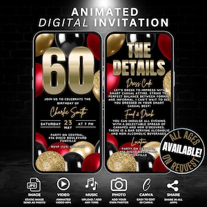 60歳の誕生日ビデオ招待状デジタルテンプレート、編集可能な赤、黒、金のバルーン誕生日マイルストーン60歳のパーティー招待状詳細付き