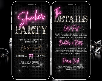 Editable Slumber Party Invitation, Digital Pajama Party Birthday Invitation, Neon Pink Girls Sleepover Pyjama Party Evite with Itinerary