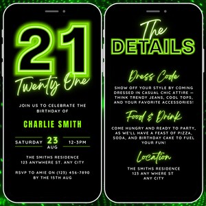 Animated 21st Birthday Invitation Template, Digital 21st Birthday Invite for Boy, Neon Invite, 21st Birthday Evite, Phone Invite & Itinerary