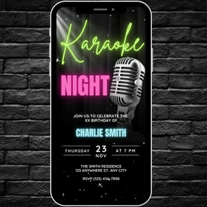 Invitación digital animada a la noche de karaoke, invitación a fiesta de karaoke personalizable, fiesta de canto evitada, invitación de cumpleaños de karaoke, evento musical divertido