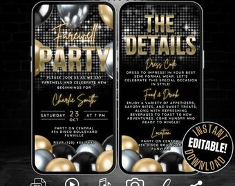 Plantilla de invitación para fiesta de despedida digital, invitación animada en video de despedida, fiesta de jubilación, invitación editable para despedida