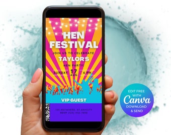 Digital Hen Party Invitation, Festival Themed Hen Party Invitation, Hen do Editable Phone Invite, Music Festival Invite, Digital Evite
