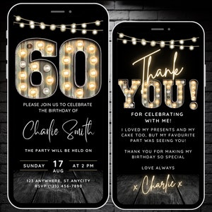 Digital 60th Birthday Invitation for men, 60th Birthday Invite for women, Rustic Sixty Evite Marquee Lights, 60 Invite and Thank You eCard