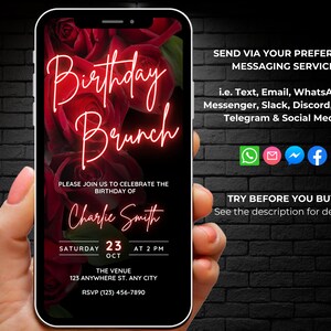 Pu&ograve; includere: Un invito digitale per un brunch di compleanno con rose rosse sullo sfondo. L'invito dice "Birthday Brunch" in lettere rosa neon e include il nome "Charlie Smith", la data "sabato 23 ottobre", l'ora "14:00", il luogo "123 Anywhere St., Any City" e il numero di RSVP "(123) 456-7890".