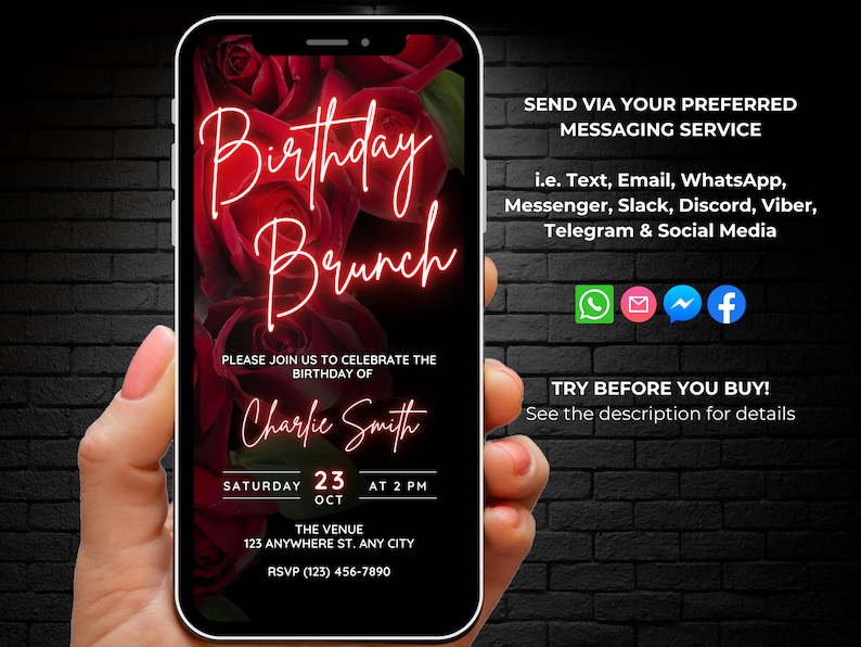 Pu&ograve; includere: Un invito digitale per un brunch di compleanno con rose rosse sullo sfondo. L'invito dice "Birthday Brunch" in lettere rosa neon e include il nome "Charlie Smith", la data "sabato 23 ottobre", l'ora "14:00", il luogo "123 Anywhere St., Any City" e il numero di RSVP "(123) 456-7890".