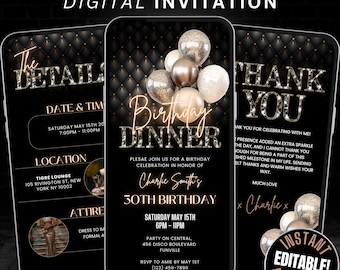 Convite para jantar de aniversário e cartão de agradecimento Digital Shades of Melanin, vídeo de convite editável para jantar de aniversário e bebidas, convite para jantar