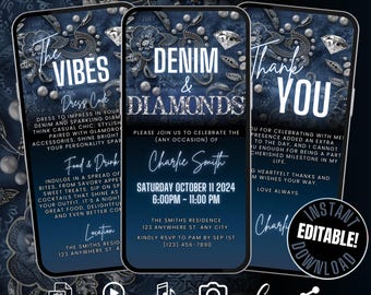 Digital Denim & Diamonds Party Invitation Itinerary Template and Thank You eCard, Self Edit Animated Jeans Party Invite Flyer for Phone