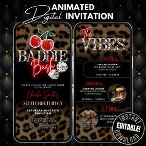 Birthday Baddie Bash Cheetah Print Birthday Dinner Invitation Template, Animated Red Cherry Girls Night Invite, Glam Party Invite Leopard