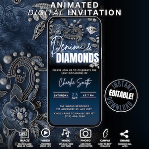 Digital Denim or Diamonds Invitation, Self Edit Animated Jeans & Bling Celebration Event, Denim and Pearl Birthday Dinner Party Invite Video