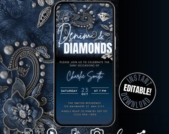 Digital Denim or Diamonds Invitation, Self Edit Animated Jeans & Bling Celebration Event, Denim and Pearl Birthday Dinner Party Invite Video