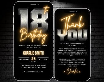 Digital 18th Birthday Invitation for Men 18 Invite Flyer, Rustic Metal Eighteen Party Invite for Him, Editable Thank You eCard Template