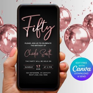 Elegante invito digitale per il cinquantesimo compleanno per lei, modello di invito per il cinquantesimo compleanno, invito elettronico modificabile in oro rosa, carta di invito elettronico per la festa del cinquantesimo compleanno