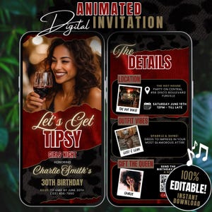 Digital Lets Get Tipsy Girls Night Birthday Invitation & Itinerary, Editable Birthday Drinks Invite, Red Black Leopard Print Party Evite DIY