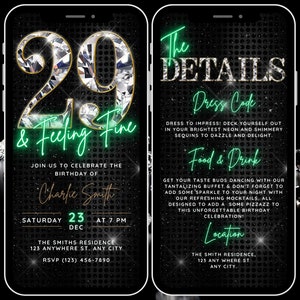 Twenty Nine Feeling Fine Animated Digital 29th Birthday Invitation, Womens Diamond 29th Birthday Invite Template, Party Evite & Itinerary