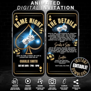 Invitación en video para una noche de juegos digitales para adultos, invitación animada para una noche de juegos familiares, noche de espadas, noche de juegos de cumpleaños, plantilla editable