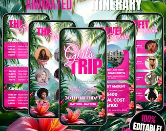 Invito per weekend di compleanno e itinerario di viaggio per ragazze tropicali digitali, modello di invito per vacanze al mare modificabile