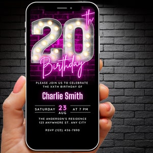 Descarga de plantilla de invitación de cumpleaños número 20 para mujeres, invitación de cumpleaños número 20, invitación editable divertida retro 20 fiesta digital Evite tarjeta electrónica moderna
