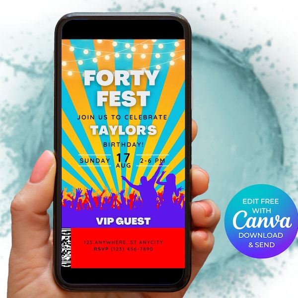 FORTY FEST 40th Birthday Party Festival Invitation, Music Festival Themed Editable Phone Invite, Digital Invitation, Instant Download Evite