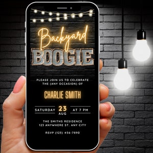 May include: A smartphone screen displaying a party invitation for a "Backyard Boogie" event. The invitation is for Charlie Smith and includes the date, time, and location of the event. The background of the invitation is a brick wall with string lights.