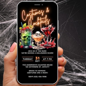 Halloween Costumes and Cocktails Invitation Editable Template, Adult Halloween Party Invite Digital Invitations, Neon Halloween eCard Evite