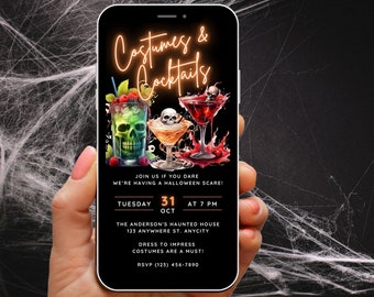 Halloween Costumes and Cocktails Invitation Editable Template, Adult Halloween Party Invite Digital Invitations, Neon Halloween eCard Evite