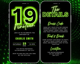 Animated 19th Birthday Invitation, 19th Digital Invite for Boy, 19 yr old Bday Video Invitation Itinerary, Neon Invite Template Mobile Evite