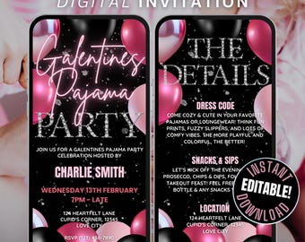 Op de afbeelding: Een digitale uitnodiging voor een Galentines pyjamafeest. De uitnodiging heeft een zwarte achtergrond met roze en zwarte ballonnen en de tekst "Galentines Pajama Party" in roze neonletters. De uitnodiging bevat de datum, tijd, locatie en RSVP-informatie. De tekst "Direct Downloadbaar Bewerkbaar!" is ook inbegrepen.