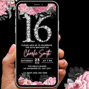 Digital 16th Birthday Invitation for Girls, Sweet 16 Invite, Editable Pink Floral & Diamond Party Invites, Downloadable Evite Template